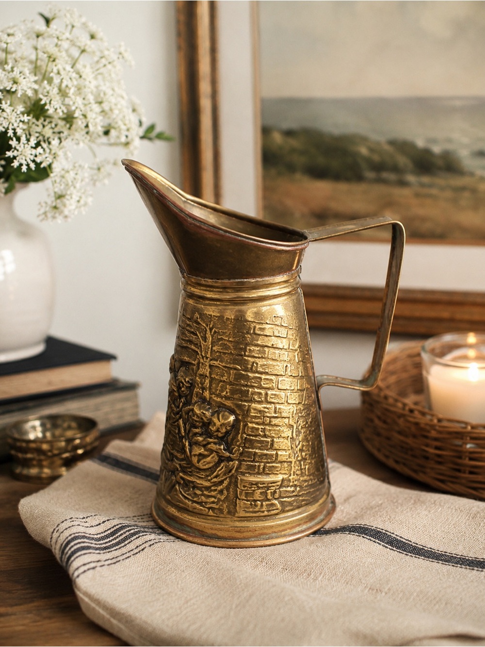 Vintage English Brass Tavern Pitcher | English Country Decor Embossed Repousse